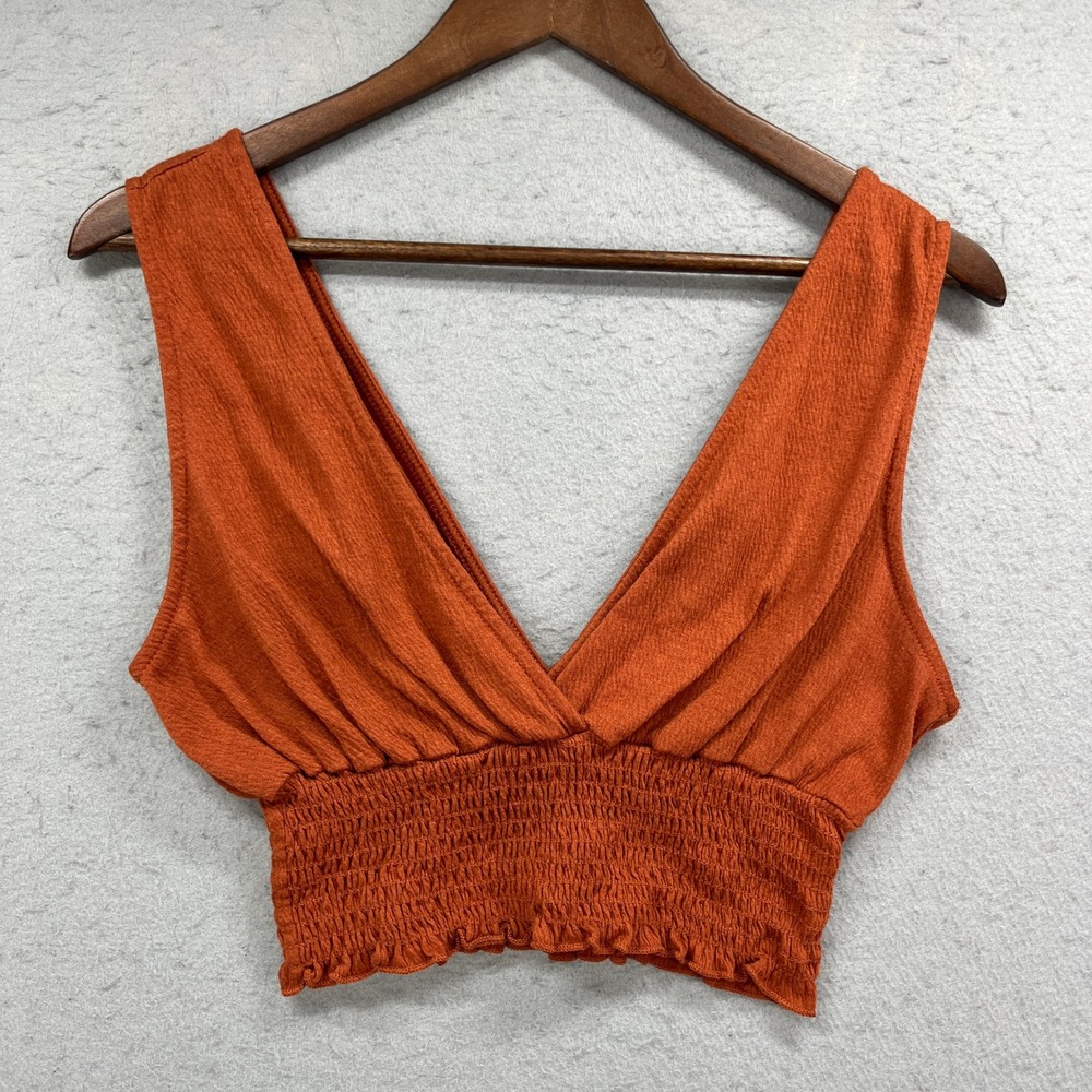 Urban Outfitters Crop Top Womens Small Orange V Neck Smocked Hem Boho Summer